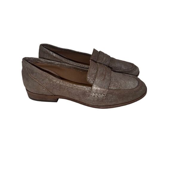 Gianni Bini Gold Taupe Suede Metallic Shimmer Penny Loafer Flat Women's Size - Picture 1 of 13